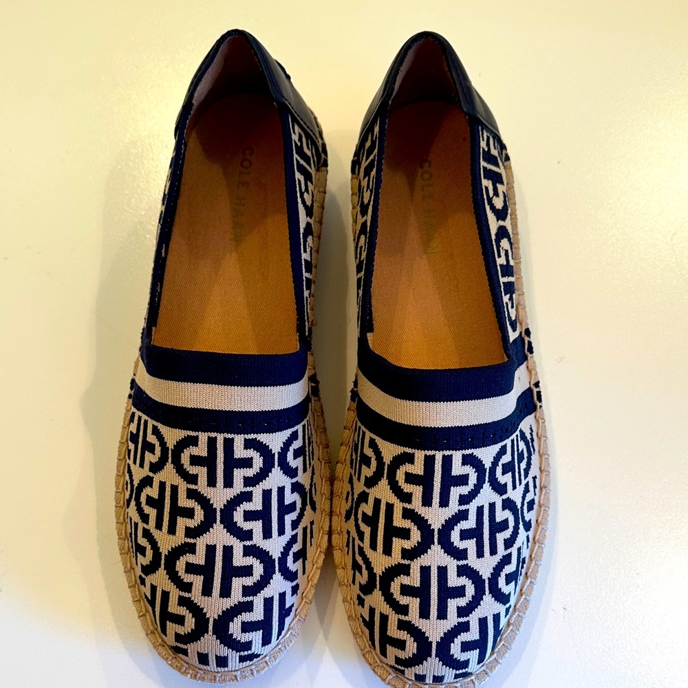 New Cole Haan Blue and Beige Patterned Espadrilles. Size 8.5 B.